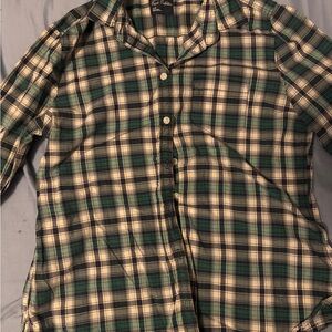 Vintage Y2K American Eagle Outfitters Green and Cream Plaid Shirt
